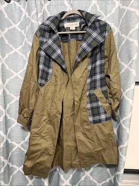 Treasure & Bond Olive Trench Coat with Blue Plaid Trim